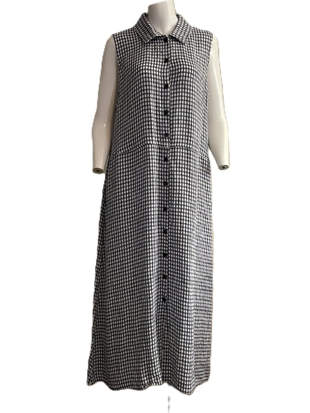 FLAX 100% Linen Maxi Shirt Dress Large 14-18 Gingham Check Button Sleeveless